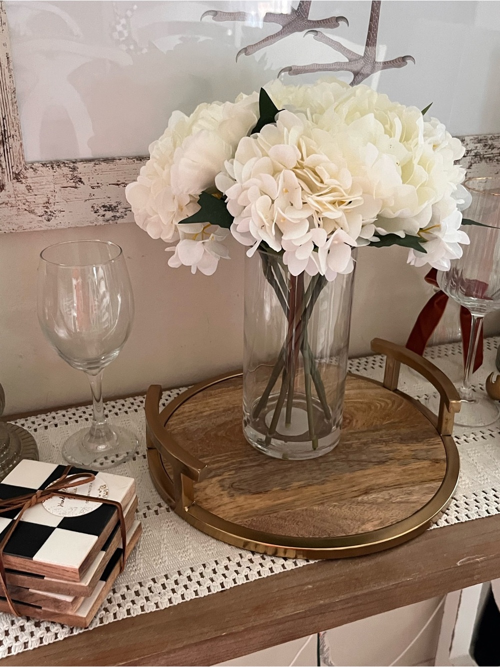 Rustic Wood Serving Tray with Gold Rim & Handles